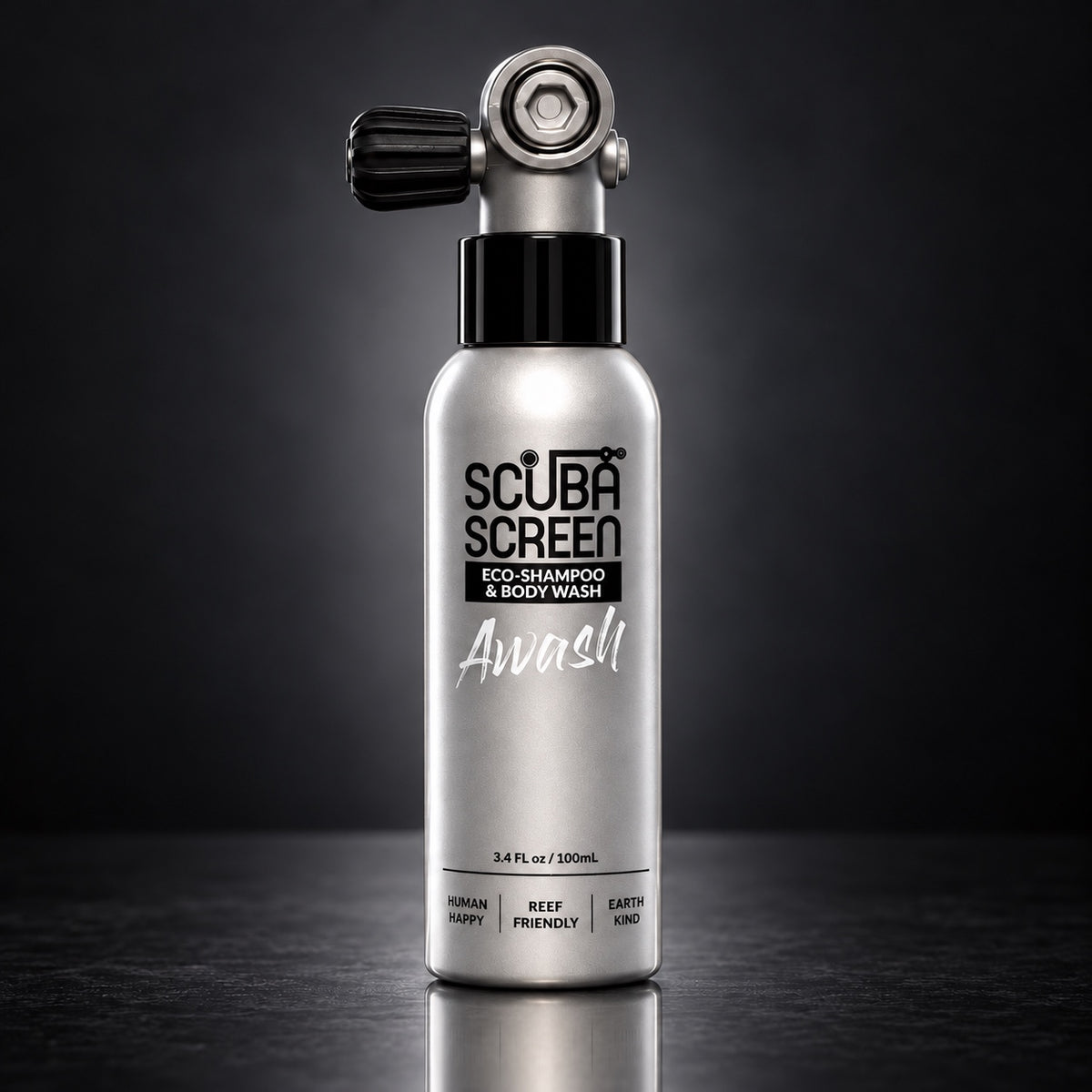 AWASH hair and body wash on a dark studio background