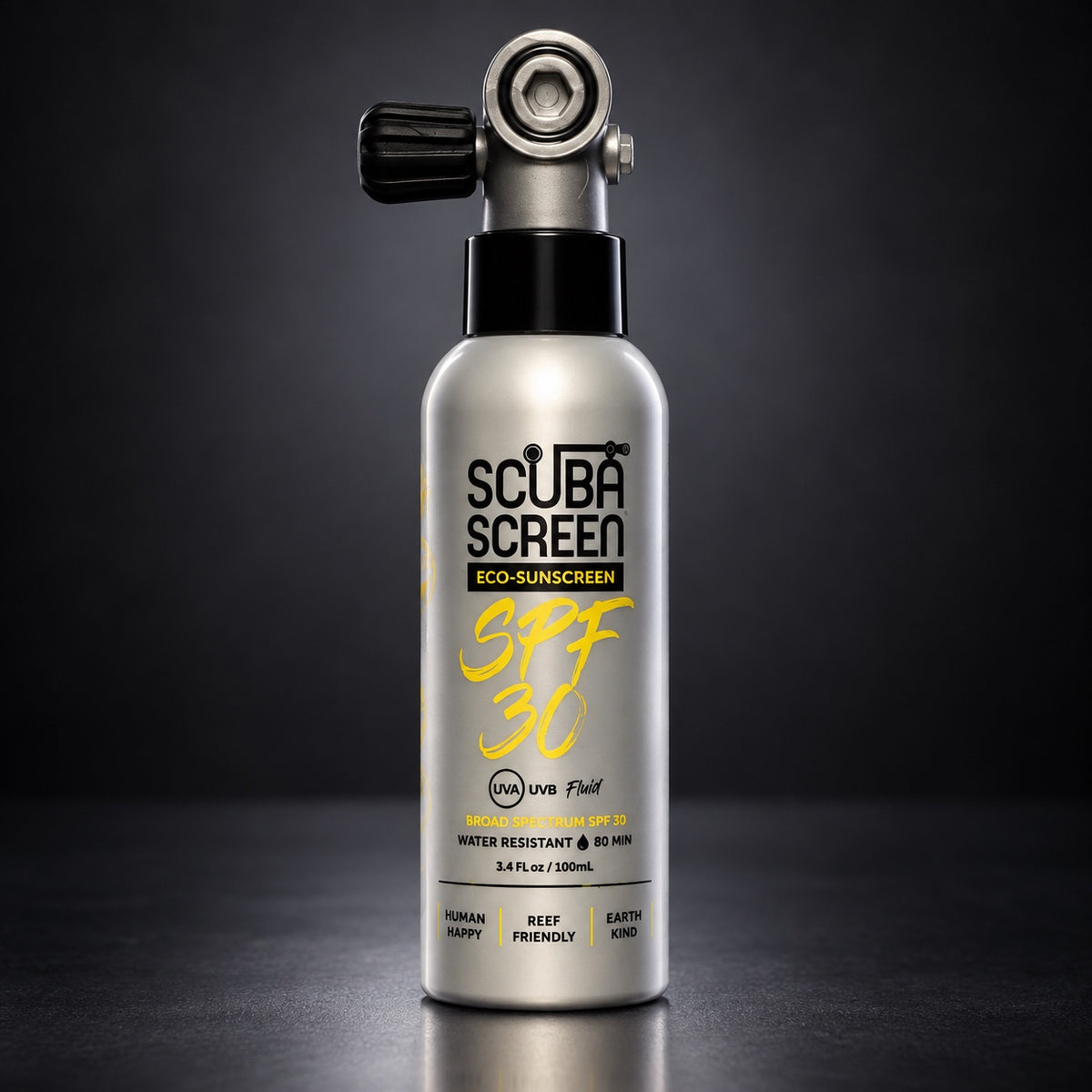 ScubaScreen Mineral Sunscreen SPF 30 on a dark studio background